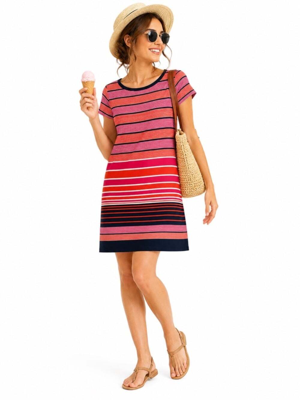 Michael Kors Striped Shift Dress Pink Red Navy Short Sleeve Knit Size Large